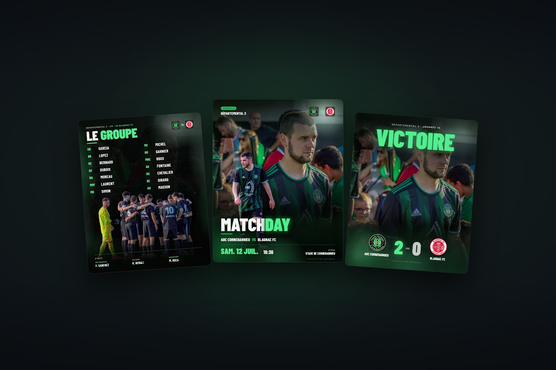 Pack de visuels de match généré automatiquement à la charte de l'AO Cornebarrieu